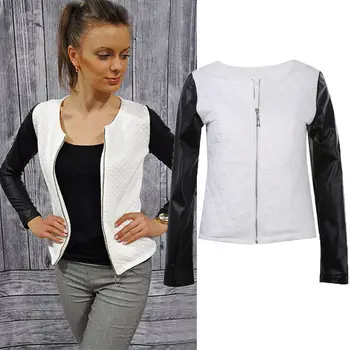 

New Fashion Casual Women Ladies Black White Biker Zipper Up Bomber Jacket Coat Outwear Women Clothes