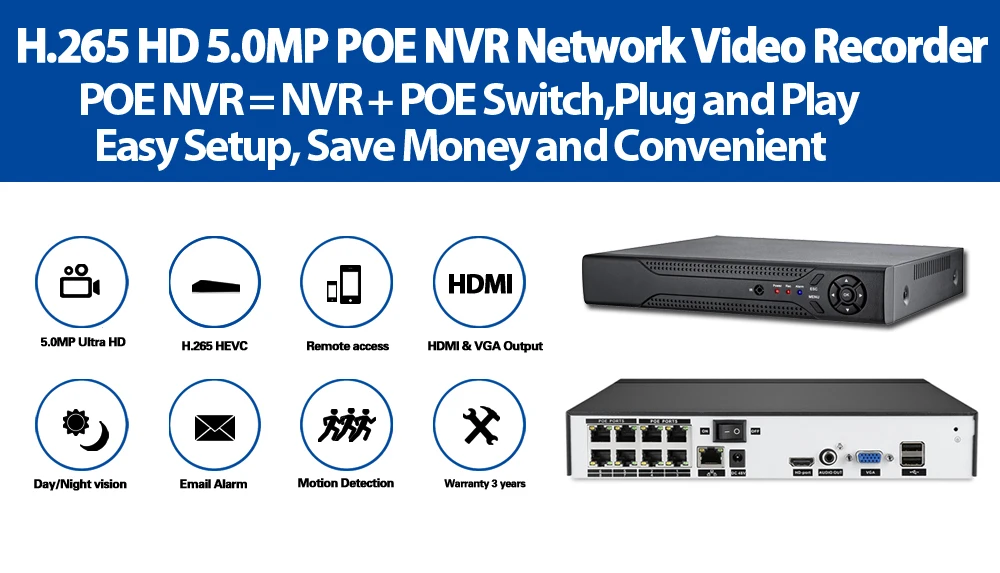 H.265 4CH 8CH 4MP 5MP 1080P POE NVR аудио выход безопасности видеонаблюдения сетевой видеорегистратор до 16CH для POE IP камеры