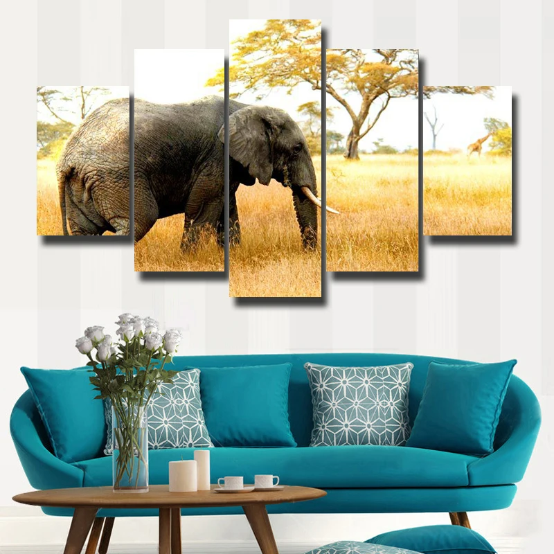 Acheter 5 Pièce Afrique Bébé Éléphant Animal Peinture Avec Jaune Arbre herbe Toile Art Print HD pour L étude Chambre Mur Encadrée peinture
