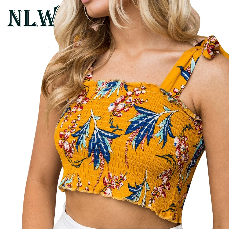NLW Yellow Floral Print Crop Top Women Shirts Sleeveless Chiffon Boho