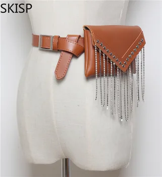 

Rivets Waist Bag Female Belt New Brand Fashion Pu Leather Chest Handbag Unisex Fanny Pack Ladies Waist Pack Long Tassel Purse