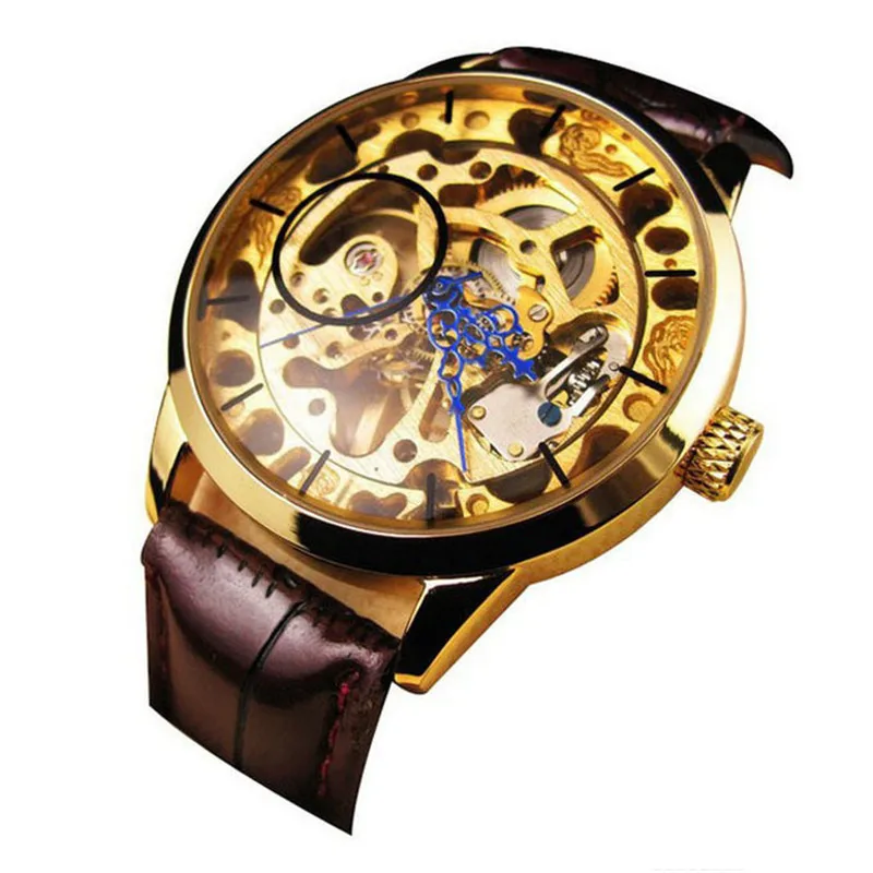 

Fashion Men HIgh Quality Mechanical Skeleton Watch Hand Wind Up Gold Dial Black Leather Strap Anne