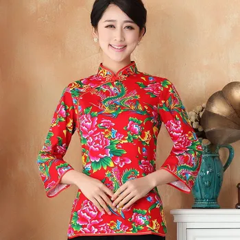 

New Arrival Chinese Style Red Cotton Linen Female Tang Suit Tops Blouse Traditional Three Quarter Shirt Size M TO 3XL 2362-1