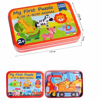 

Inspire Baby Creativity Baby Toys 6 in 1 iron Box Cartoon Animals Wooden Puzzle for Children Montessori Early Educational Toys