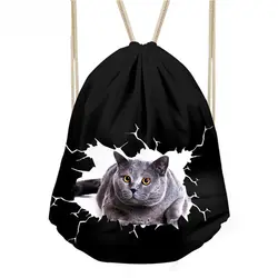 Детская маленькая черная сумка для девочек, школьные сумки для женщин с милым животным принтом кота, сумка на шнурке, сумка-рюкзак, сумка