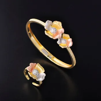 

Blucome New Exquisite Flower Shape Bangle Ring Sets Petal Zircon Copper Jewelry Women's Anniversary Party Bridal Luxury Gift Set