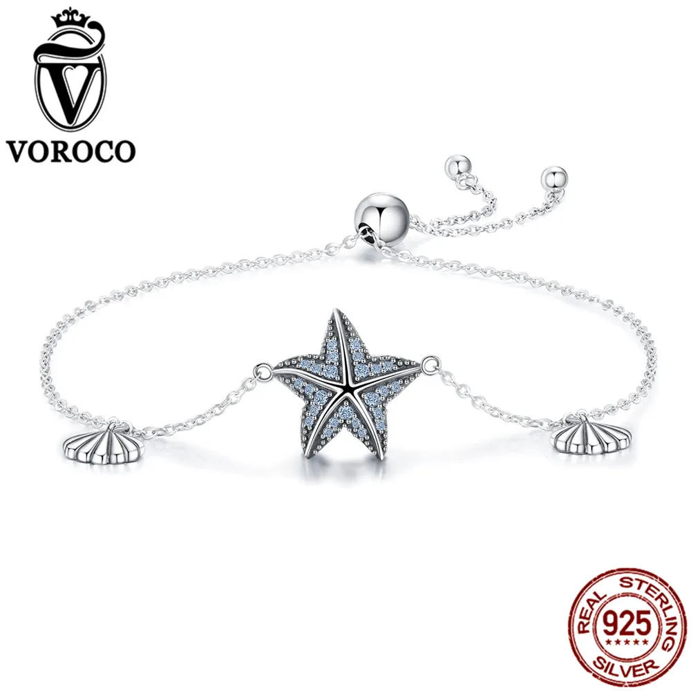 VOROCO Genuine 925 Sterling Silver Blue Statfish and Shell Chain Crystal Bracelet for Women Romantic Fine Jewelry Gift VSB009 | Украшения и