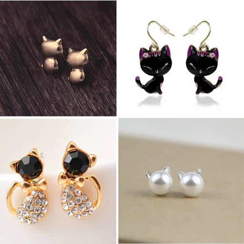 

new fashion girls vintage designer gold silver black realistic cat Kitty ear stud earring for women brinco de meninas