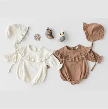 

2019 Wholesale Baby Girls Ruffles Romper With Hat Cotton Spring Baby Girls Jumpsuits 0-3t PC690