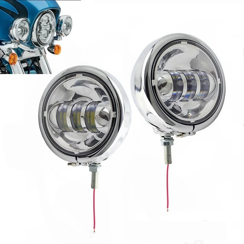 Pair BlackChrome LED Motorcycle Headlight Front Passing Fog Light Universal 12V with Housing Bracket For Harley Motorcycle (40)