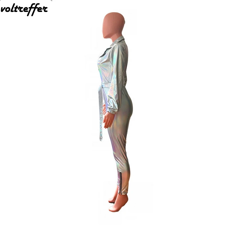2019 Spring Silver Turn Down Collar Rompers Womens Jumpsuit Reflect Light Streetwear With Sashes Bodycon Bodysuit Sexy One Piece