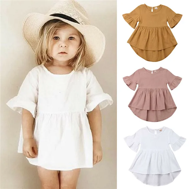 Casual Kid Baby Girl Plain Dress Cotton and Linen Clothes Summer Ruffle