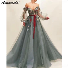 Серое мусульманское вечернее платье с открытыми плечами и вышивкой из тюля исламский Дубай Кафтан Саудовская Арабская длинное вечернее платье с рукавами для выпускного вечера