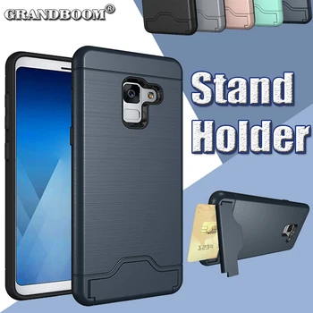 

1000pcs Card Slot Dual Layer Brushed Shockproof Case For Samsung A8 Plus 2018 A3 A5 A7 J3 J5 J7 2018 Hard PC+TPU Kickstand Cover