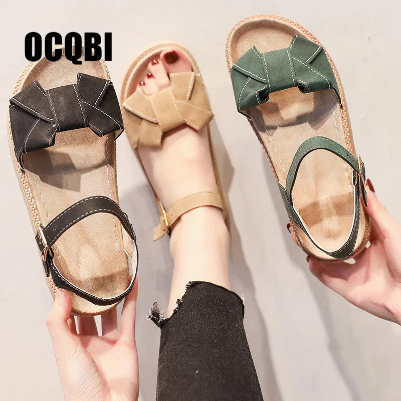 

Summer Fashion Open Toe Suede Sandals Platform Open Heel Ankle Strap Bowknot Flock Flats Peep Toe Casual Shoes Fashion Sandalias