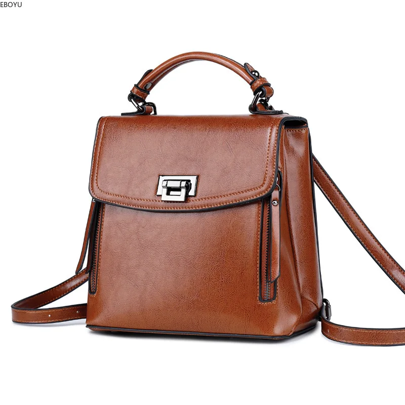 

EBOYU Genuine Leather Women Backpack With Lock Purse Casual Daypack Ladies Travel Bag School Shoulder Bookbag for Girls #232