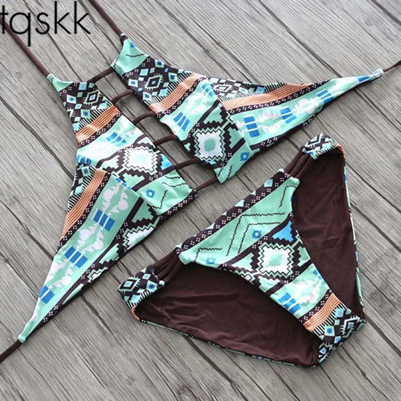 TQSKK 2019 Sexy High Neck Halter Crop Bikinis Women Swimsuit Bandage Swimwear Print Bikini Set Brazilian Bathing Biquini Suit
