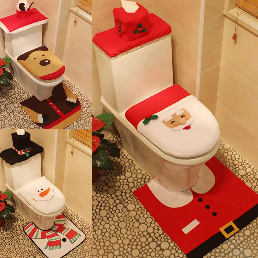 

New 3pcs/set Santa Claus Rug Toilet Seat Decor Bathroom Set Merry Christmas Decorations for Home New Year Decoration
