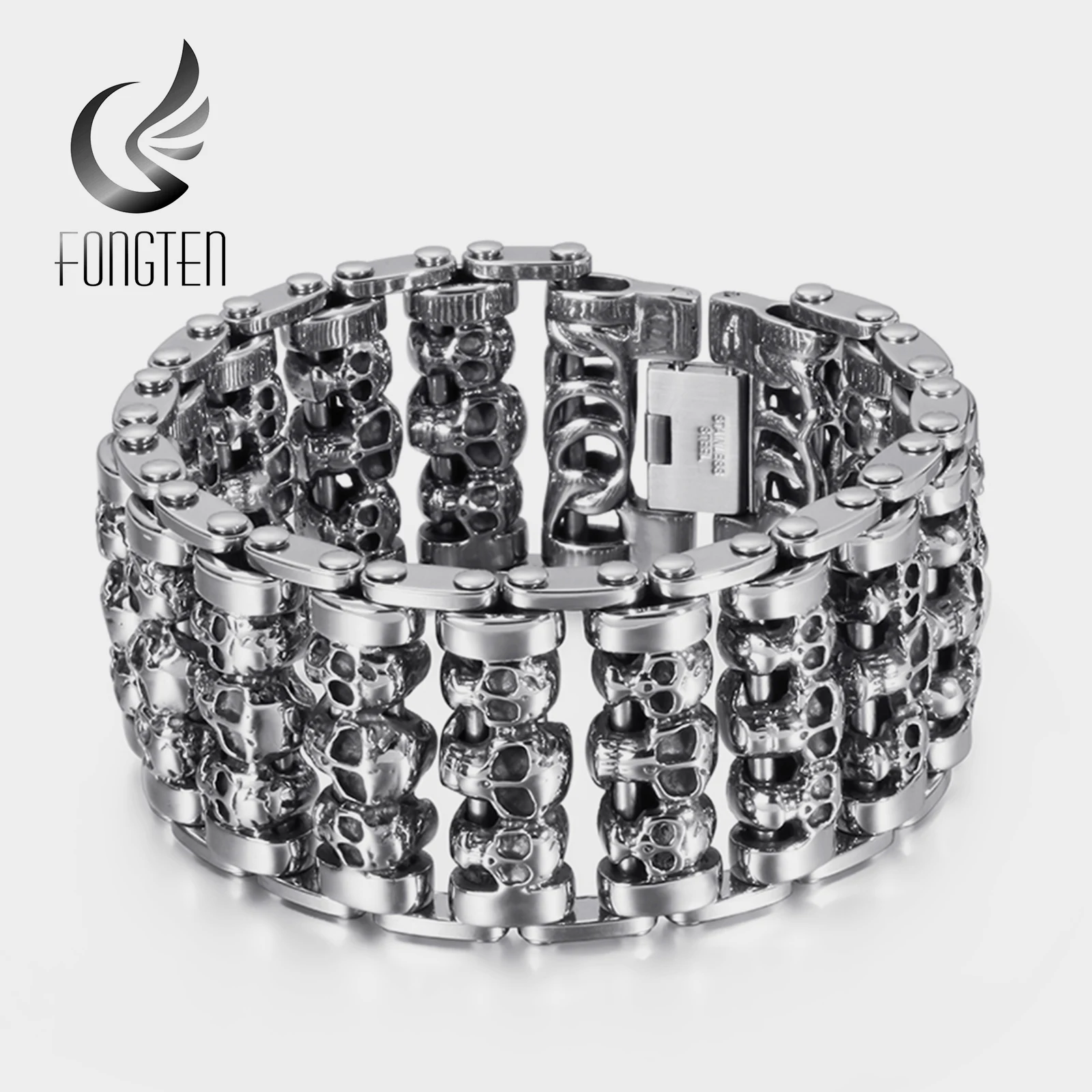 

Fongten Vintage Skull Wide Metal Biker Viking Stainless Steel Charm Bracelet Large Argent Men bangle Jewelry