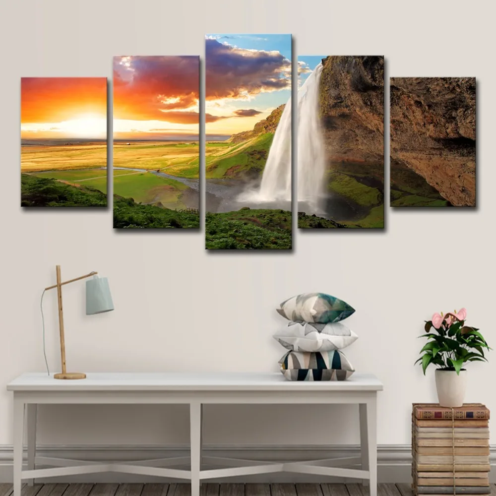 5P2257-HD Print 5 piece Painting Sunset waterFall Group Canvas Print room decor print poster picture canvas Free shipping (6) 