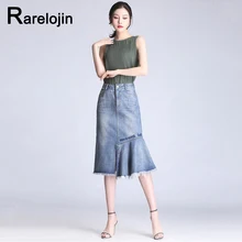 Летняя юбка новая корейская мода Высокая талия Асимметричная сумка бедра тонкая джинсовая юбка femme миди юбка женская юбка одежда