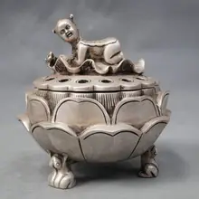 " Изысканный Китайский народный Тибет Серебряный счастливый мальчик цветок лотоса Курильница