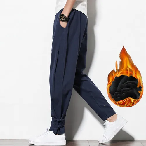 Мужские зимние мешковатые хлопковые льняные шаровары в стиле хип-хоп, мужские широкие теплые брюки, брюки Харадзюку, Мужские штаны для бега 5XL - Цвет: navy blue