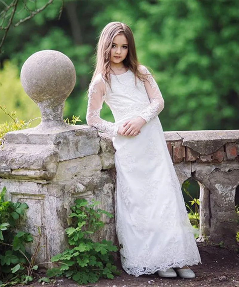 Buy New Popular Sheath Lace Flower Girl Dress Long Sleeve Floor Length Cheap
