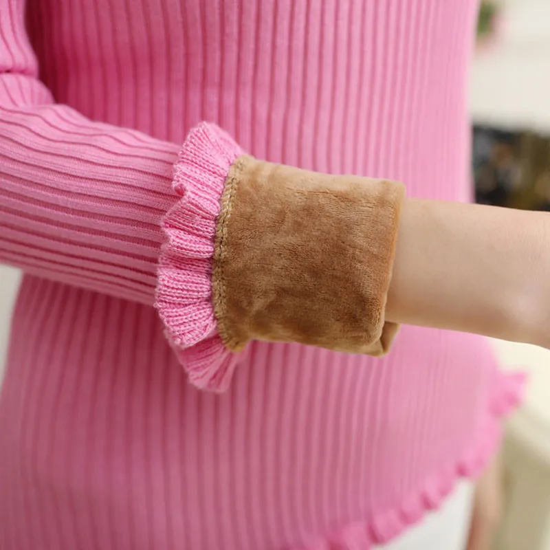 

2018 Winter Sweater Female Plus velvet Warm Pullovers Turtleneck Knitted Sweaters Women's Basic Ruffle Elastic Short Sweater W25