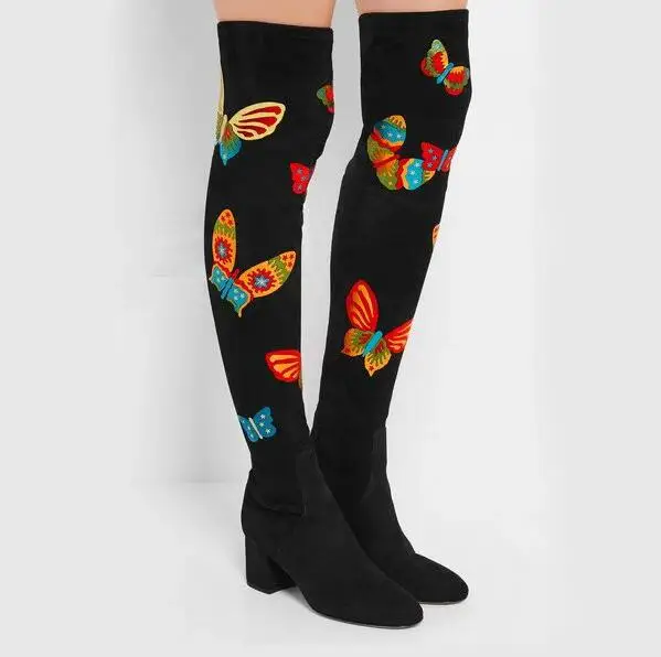 

2018 Fashion Woman Thigh High Boots Printing Butterfly and Starry Sky Over-the-knee Botas Mujer Med Square Heel Boots Women