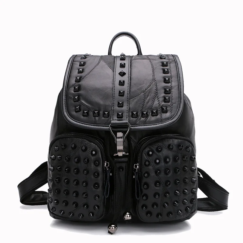 

Tide cool fashion new sheepskin women backpack new trend stitching fabric magnetic rivets double pockets leather travel bags