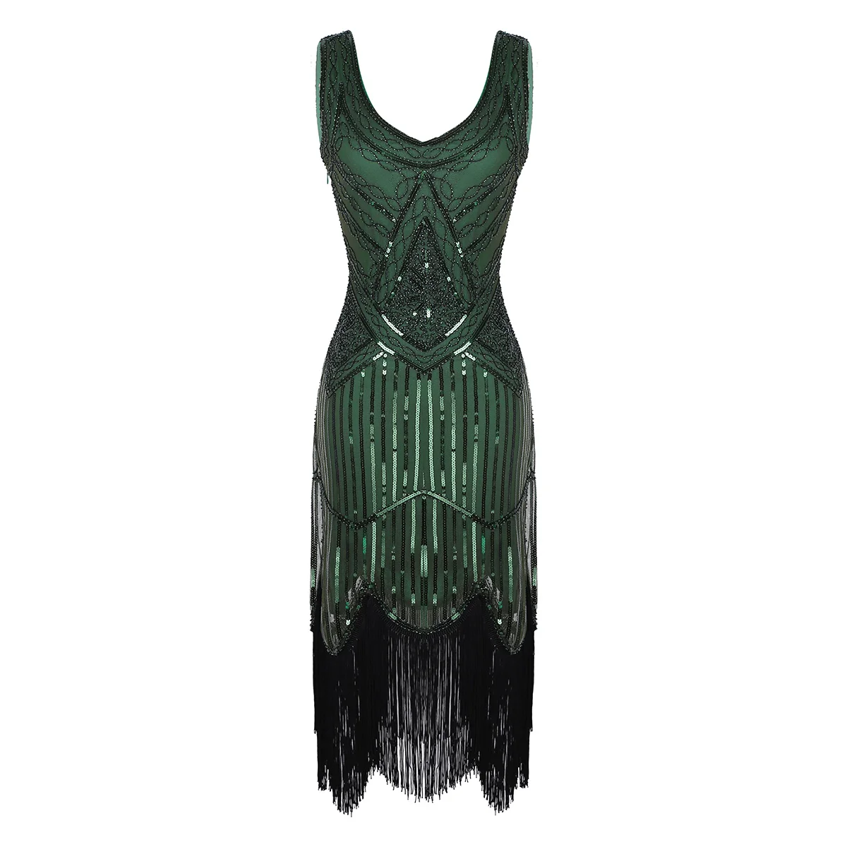 Dark Green Сексуальное Королевское черное платье без рукавов с вышивкой и бахромой в стиле Грейт Гэтсби, вечерние женские платья 1920 s, Платье С Блестками, Бисером и кисточками, платье с оборками - Цвет: Dark Green