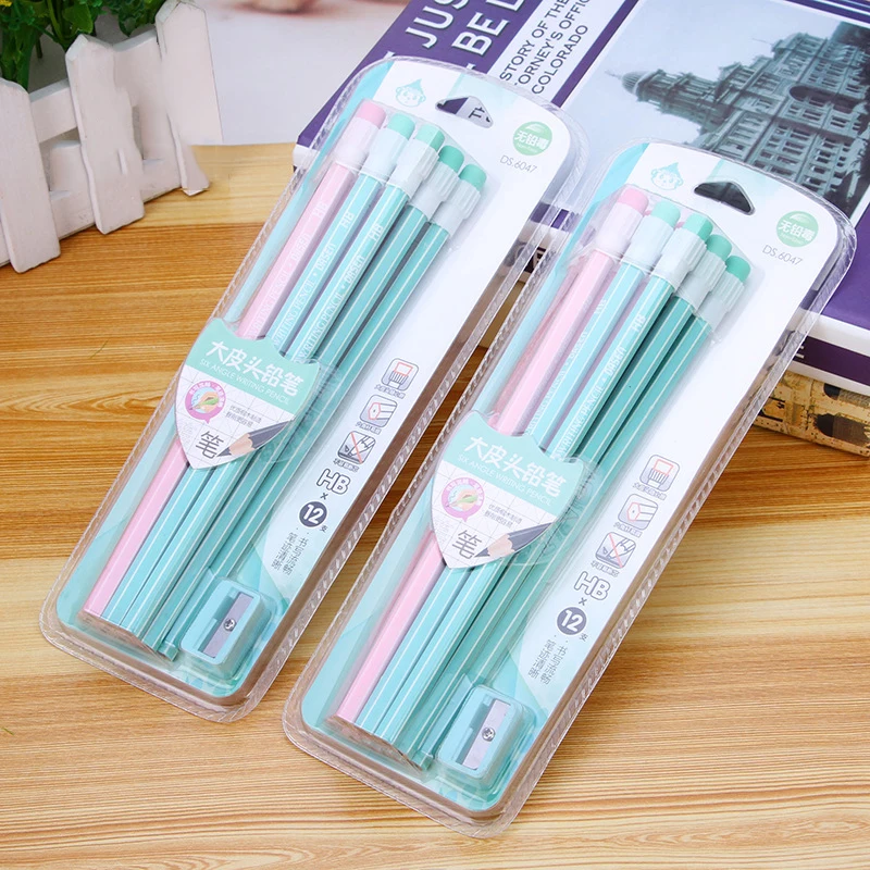 

12pcs/set HB Pencils Stationery Eraser Top Wooden Pencil with Sharpener Kids Pencil Set School Office Supplies