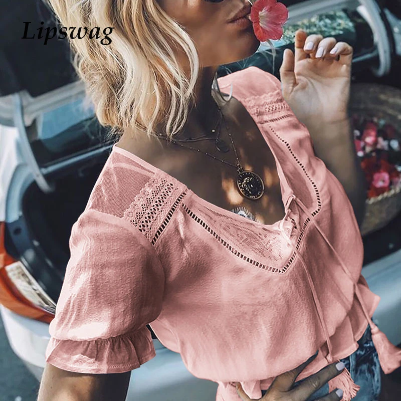 

Lipswag Women Sexy V-neck Tassel blouse Summer Short Sleeve mesh Patchwork Blouse Shirt Elegant Hollow out Streetwear Blusa Tops