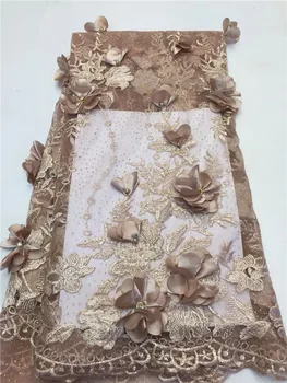 

Golden Shining 3D Lace Fabric Beaded French Laces Fabrics High Quality Tulle French Nigerian Lace Applique Dress FFZ424