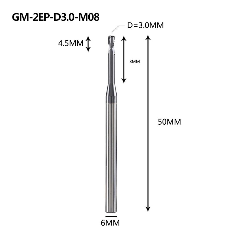 GM-2EP-D2.5-D5.0 концевые фрезы из вольфрамовой стали 2 флейты квадратной концевой фрезы с длинной шеей и короткой кромкой Фрезы с ЧПУ режущие инструменты - Длина режущей кромки: GM-2EP-D3.0-M08