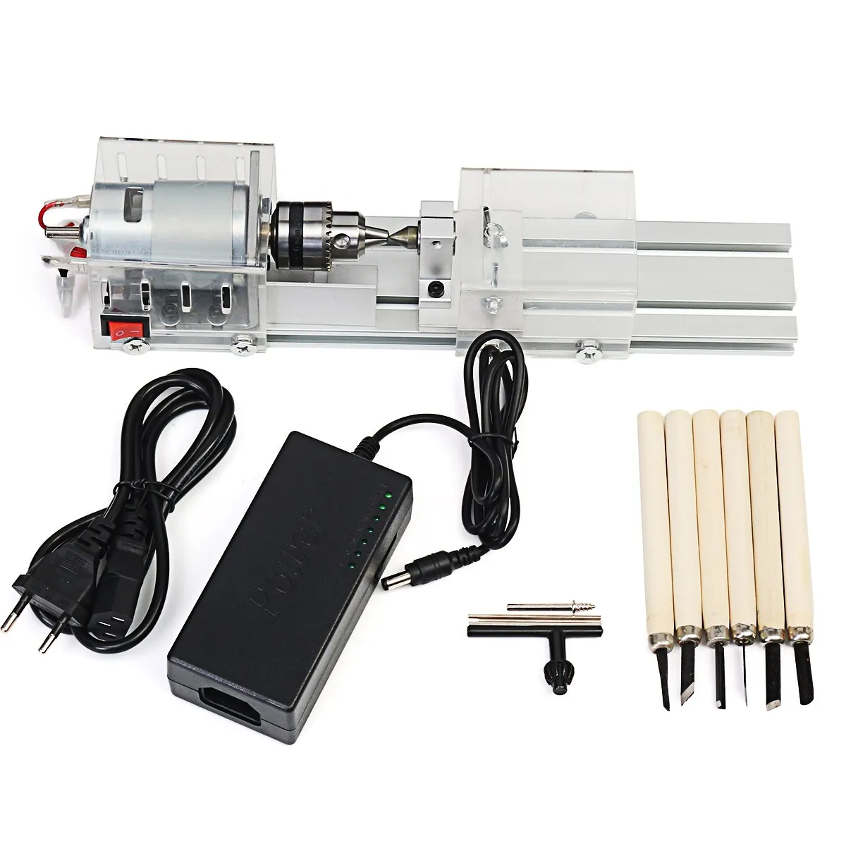 

Mini Lathe Beads Machine Woodworking Drill Rotary Tool Standard Set DIY Lathe Polishing Cutting with Power Supply DC 24