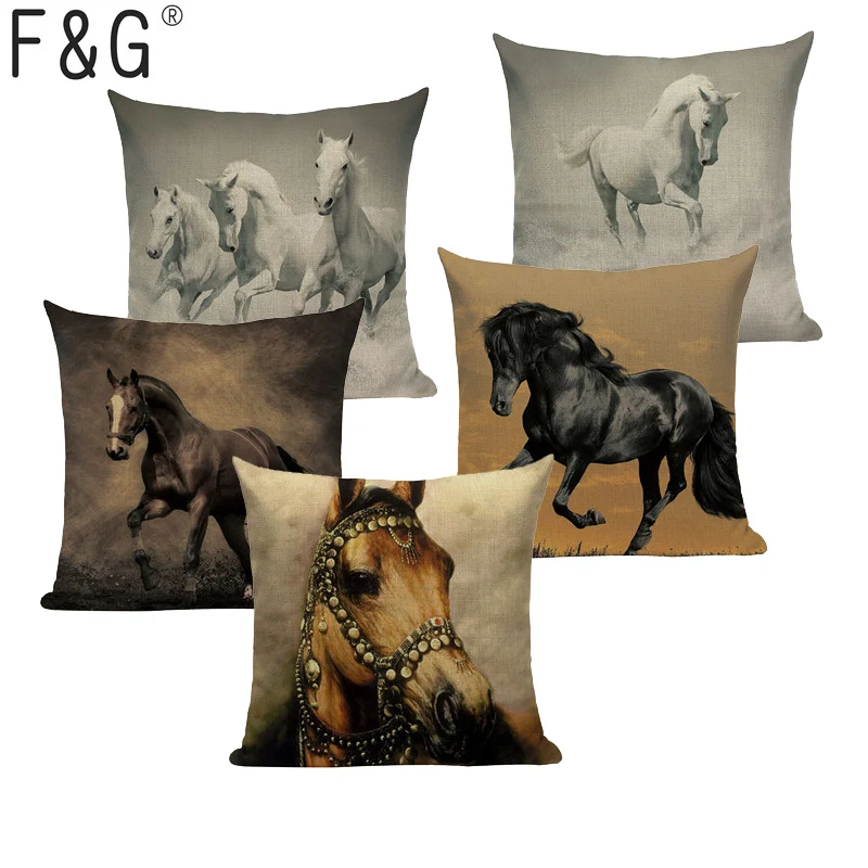 

Running Horses Cushion Cover Tropical Style Linen Cotton Printing Throw Pillow Covers 45Cmx45Cm Square Home Decor Pillow Case