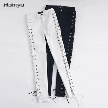 

2017 New Fashion Women Spring Western Street Style Jean Pants Sexy Two Sides Hollow Out Cross Strap Lace-up Ladies Jeans