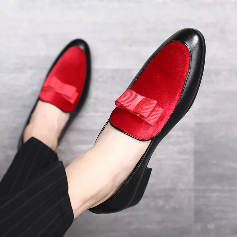 Black Patent Leather Red Suede Formal Shoes Bowknot Wedding Dress Male Flats Gentlemen Casual leather Slip-on Shoes Men Loafers