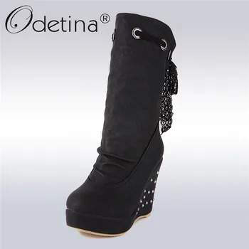 

Odetina New Fashion Winter Thick Plush Wedge Boots Women Crystal High Heel Platfom Shoes Lace Bow Tie Slip On Short Barrel Boots