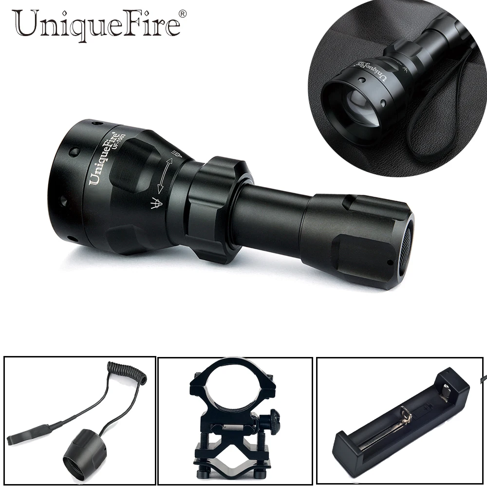 

UniqueFire Lamp Torch 1503 XRE Led 3 Modes Zoom 50mm Convex Lens Flashlight Torch+Remote Pressure+Scope Mount+18650 Charger