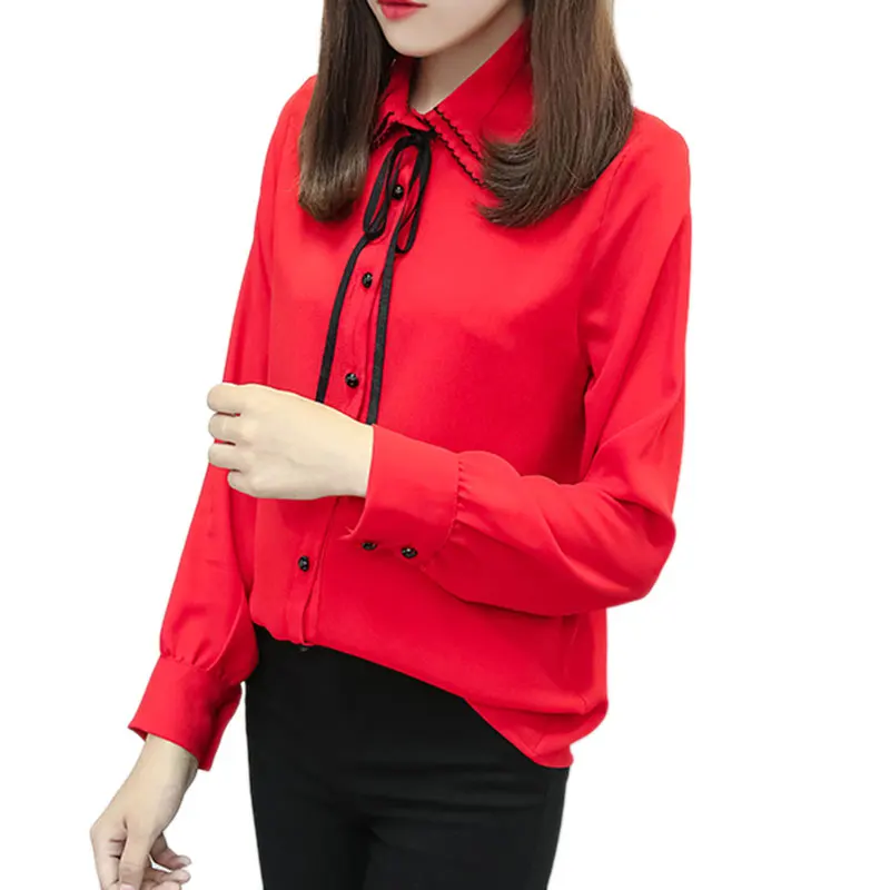 female elegant bow tie blouses Chiffon peter pan collar