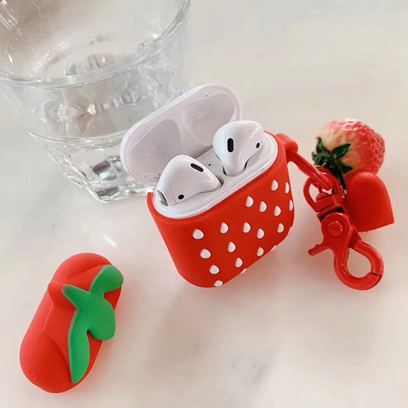 Soft Silicone Case Earphones For Apple Airpods Bluetooth Wireless Earphone Protective Skin Cover Box Strawberry Pattern Keychain