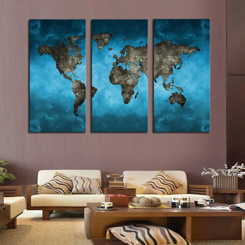 

3 Panel Abstract Navy Blue World Map Canvas Painting Modern Wall Pictures For Home Office Living Room Decor Drop shipping