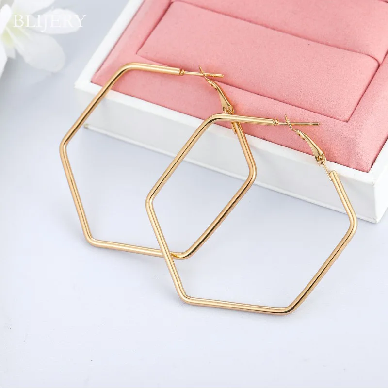 

BLIJERY Punk Style Geometric Hexagon Hoop Earrings For Women Statement Jewelry Fashion Gold Silver Metal Earrings Femme Brincos