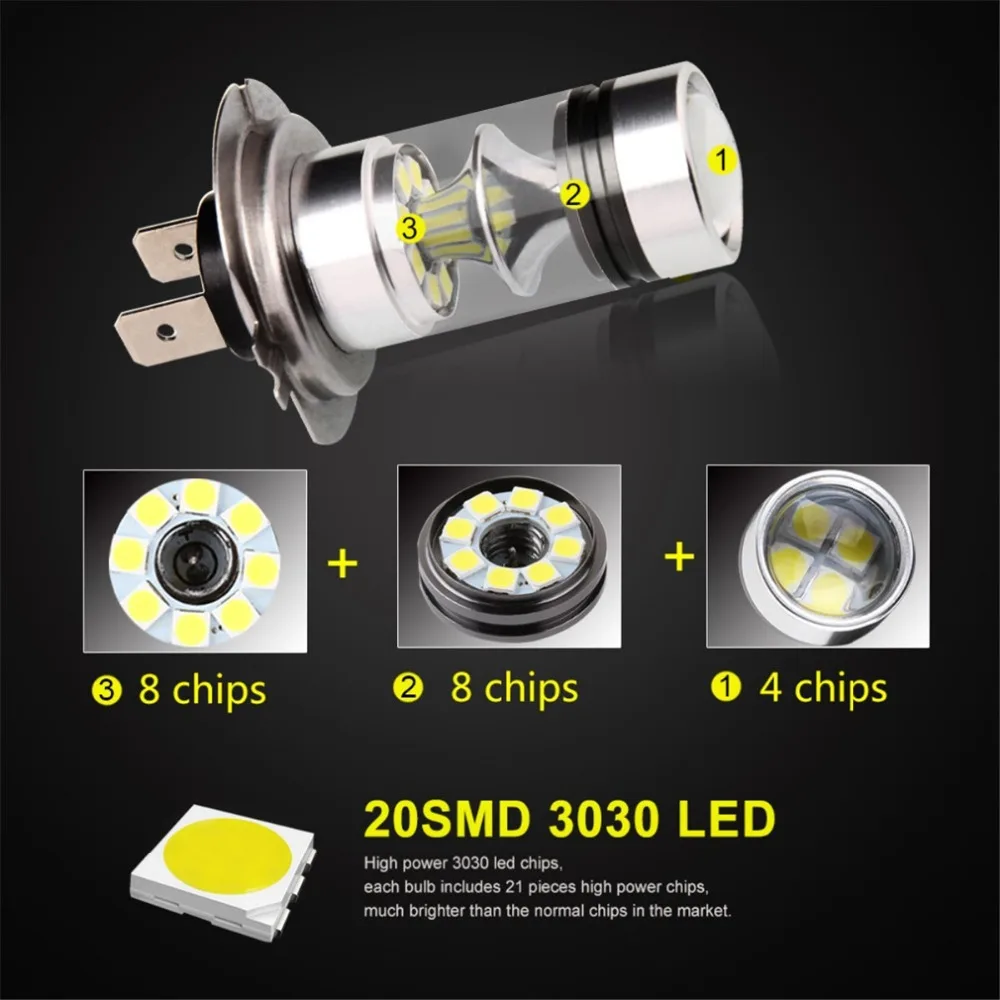 1 шт. DC 9-30 в H7 20SMD Противотуманные фары Дневные Фары Лампы Автомобилей 100 Вт Светодиодный дневной светильник лампы авто светильник-светодиод головной светильник