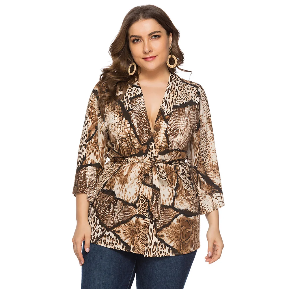 New Loose Fashion Snake Print Open Waist Tie Long Sleeve Shirt  Oversized  Code   6xl   Fat  Mm Leisure Loose  Comfortable Tops