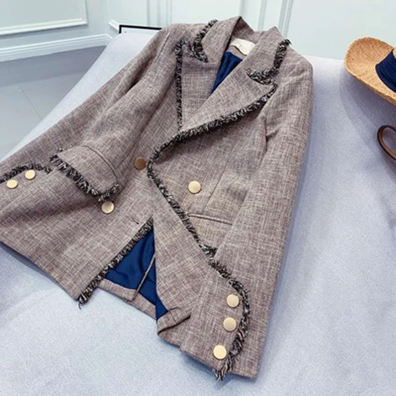 2019 Spring Tweed Plaid Women's Jacket Blazer Vintage Double Breasted Tassel Long Sleeve Office Blazers Jackets Female Outwear
