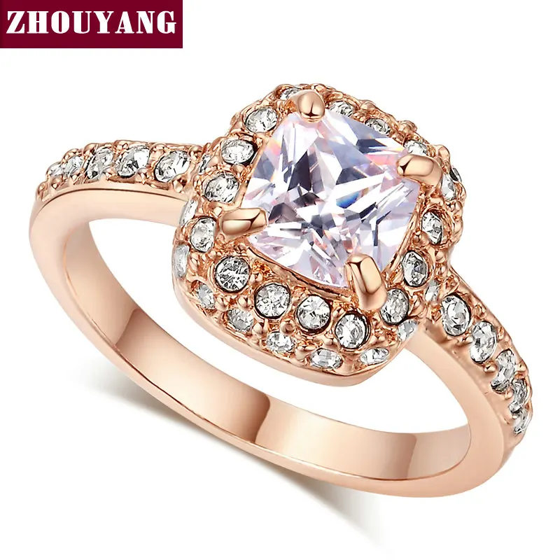 

ZYR026 Four Claw Rose Gold Color Princess Cut Cubic Zirconia Wedding Ring Genuine Austrian Crystals Full Sizes